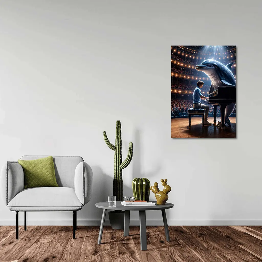Dolphin and Pianist on Concert Hall Stage – Wall Art