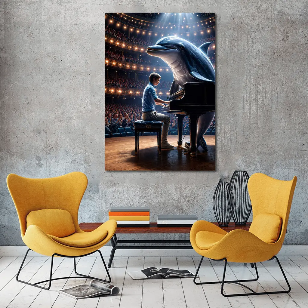 Dolphin and Pianist on Concert Hall Stage – Wall Art