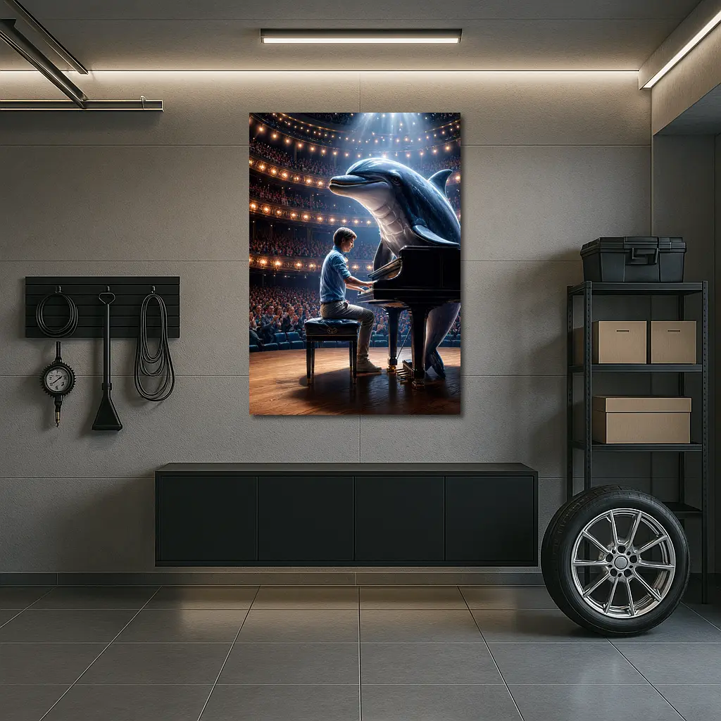 Dolphin and Pianist on Concert Hall Stage – Wall Art