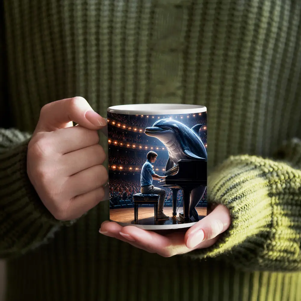 Dolphin and Pianist on Concert Hall Stage – Mugs