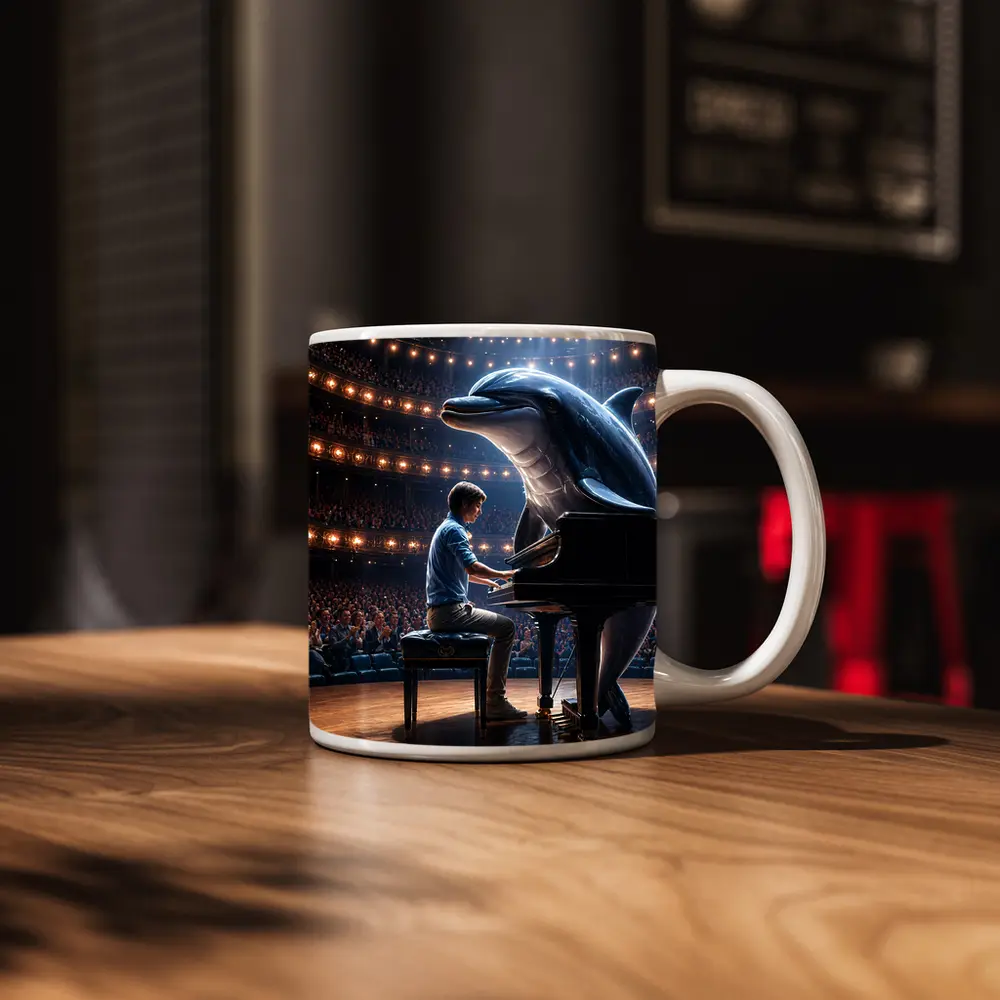 Dolphin and Pianist on Concert Hall Stage – Mugs