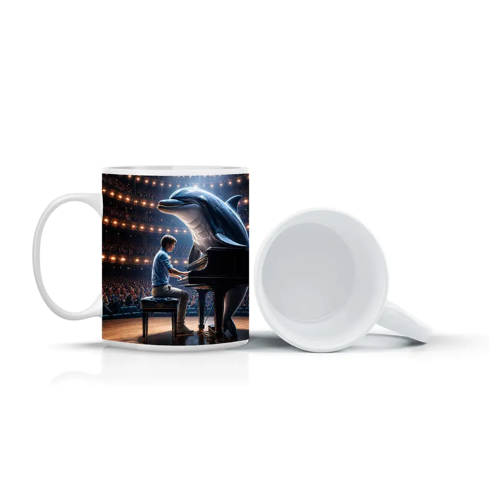Dolphin and Pianist on Concert Hall Stage – Mugs