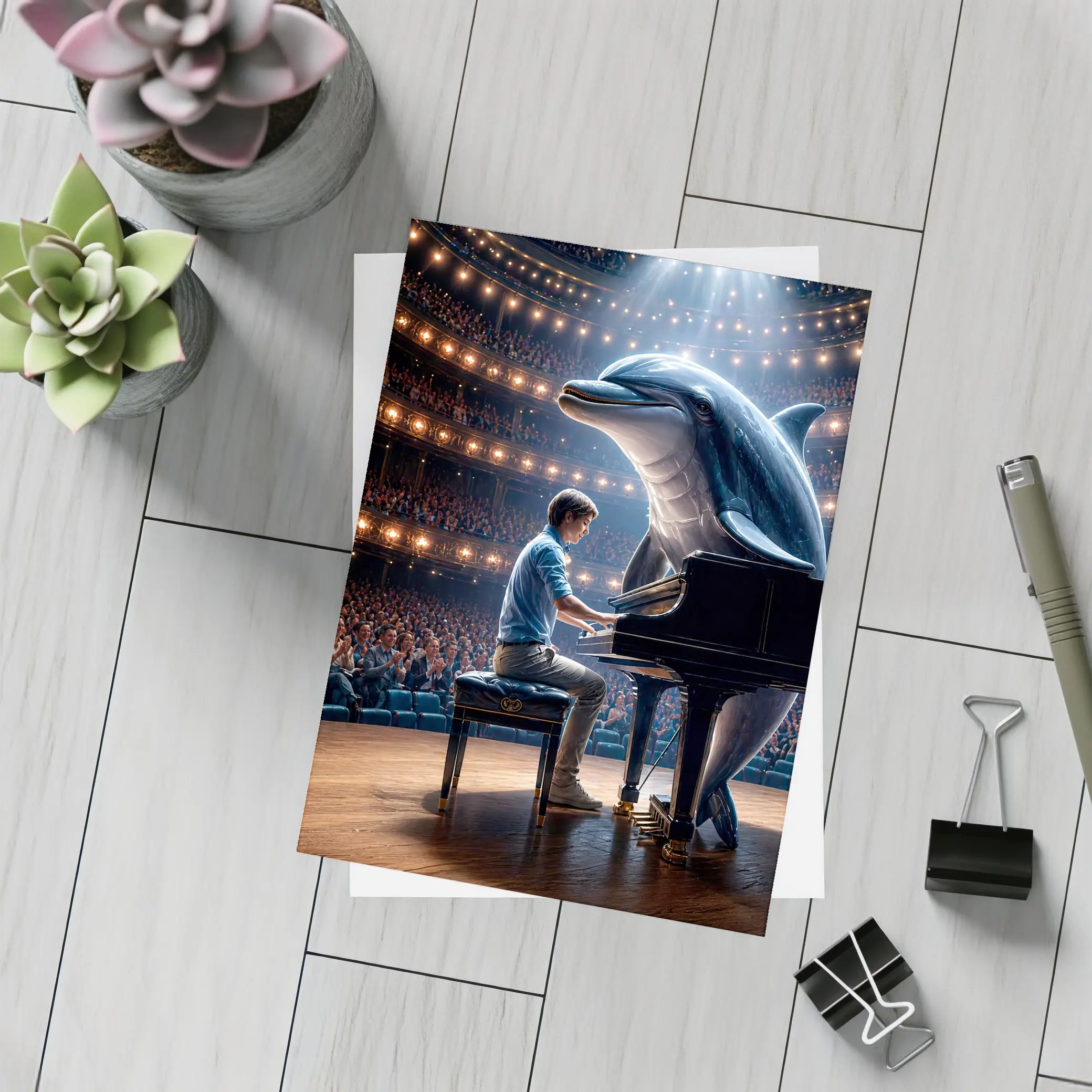 Dolphin and Pianist on Concert Hall Stage – Postcards