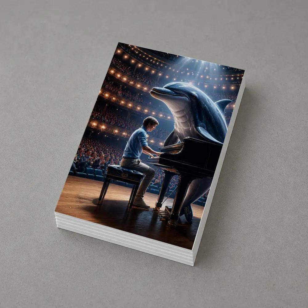 Dolphin and Pianist on Concert Hall Stage – Postcards
