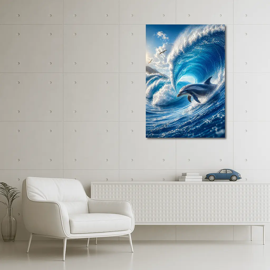 Dolphin Riding Giant Blue Ocean Wave – Wall Art