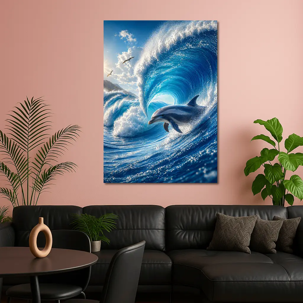 Dolphin Riding Giant Blue Ocean Wave – Wall Art
