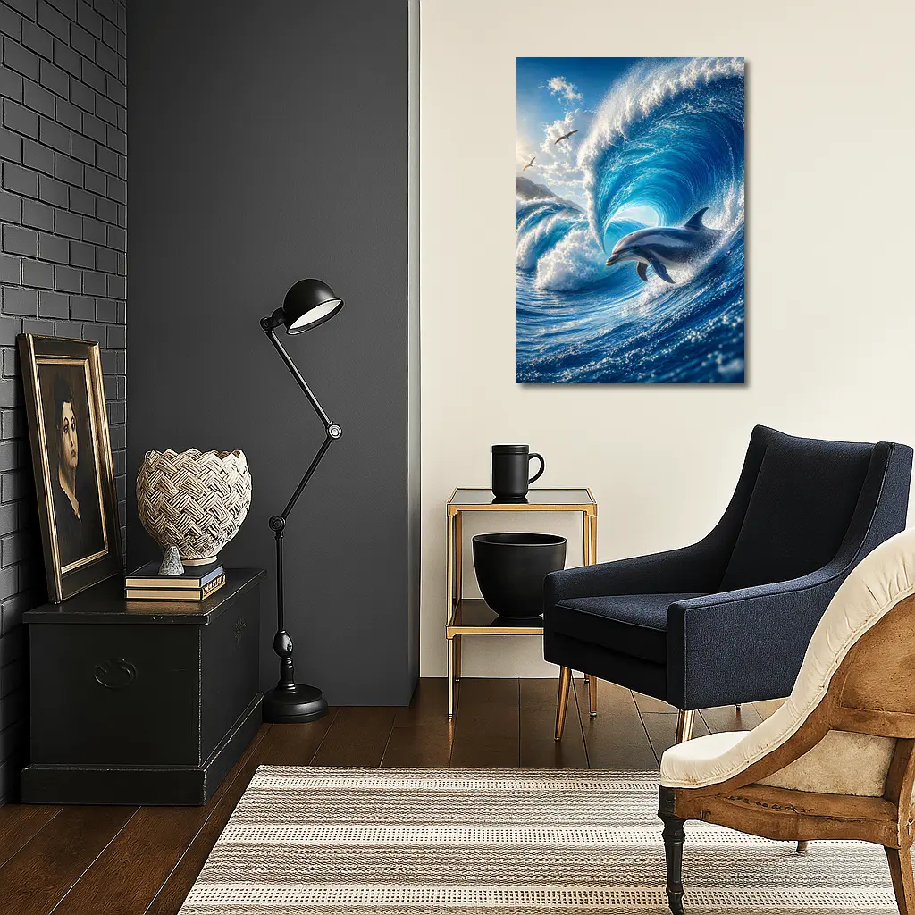 Dolphin Riding Giant Blue Ocean Wave – Wall Art