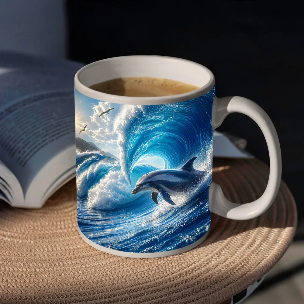 Dolphin Riding Giant Blue Ocean Wave – Mugs