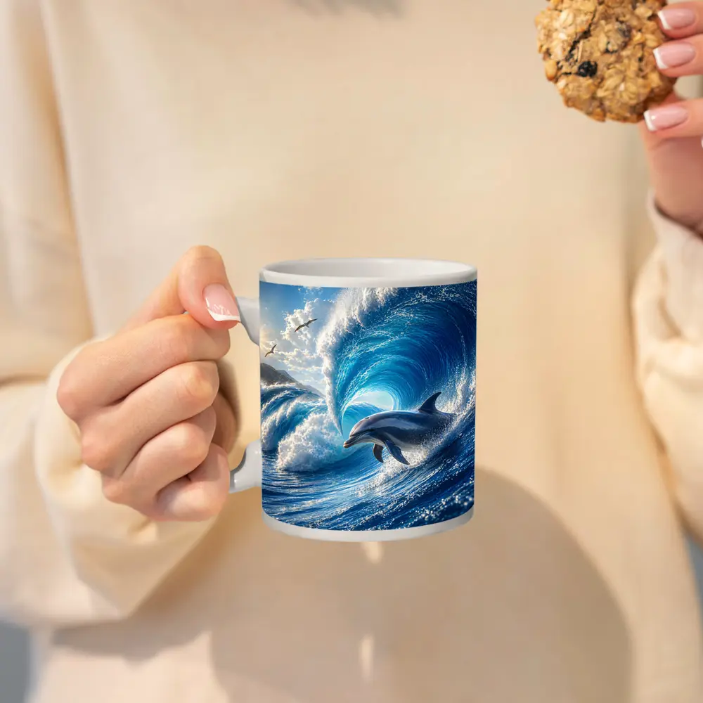 Dolphin Riding Giant Blue Ocean Wave – Mugs