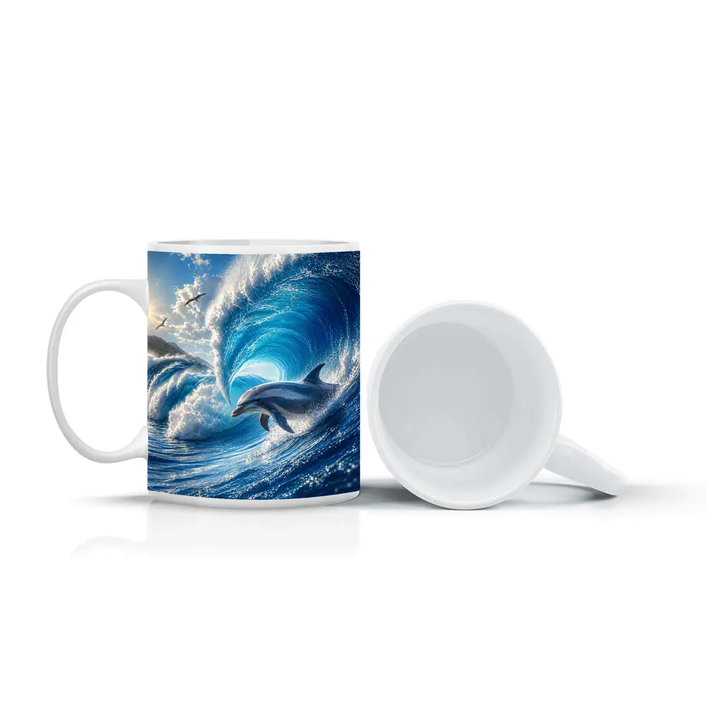 Dolphin Riding Giant Blue Ocean Wave – Mugs