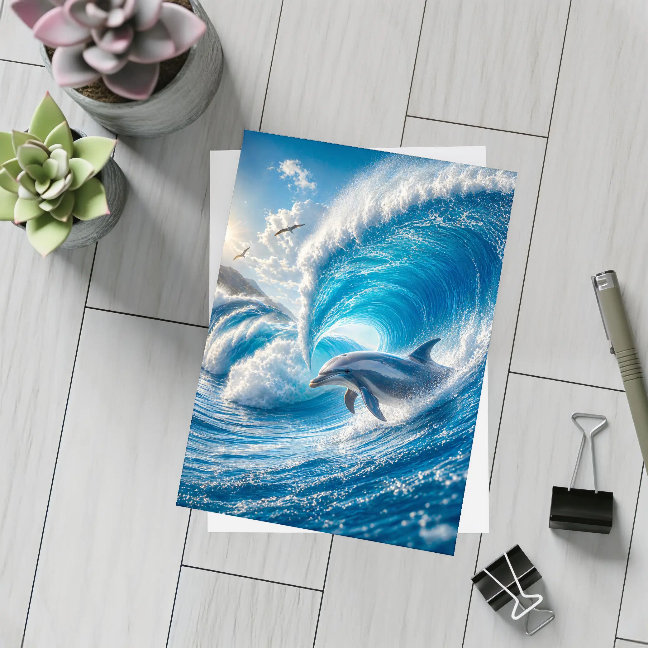 Dolphin Riding Giant Blue Ocean Wave – Postcards