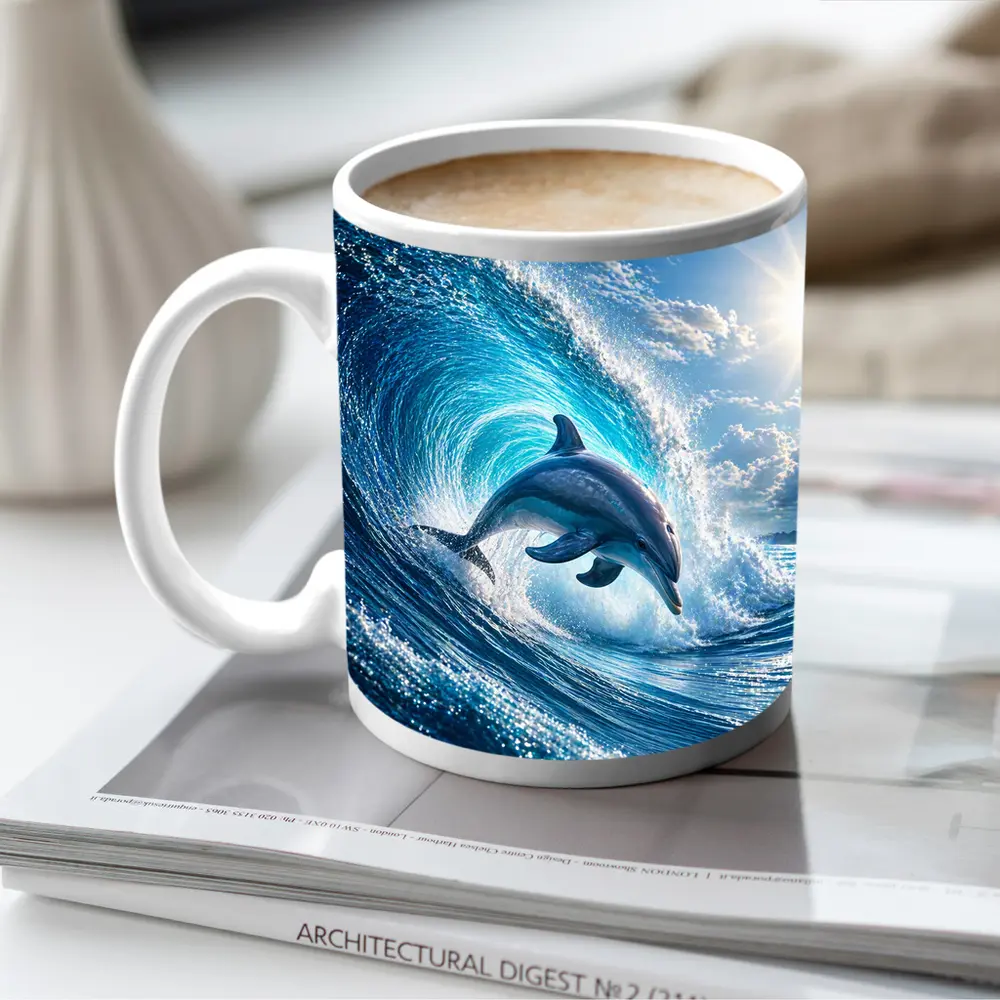 Dolphin Leaping Through Giant Ocean Wave – Mugs