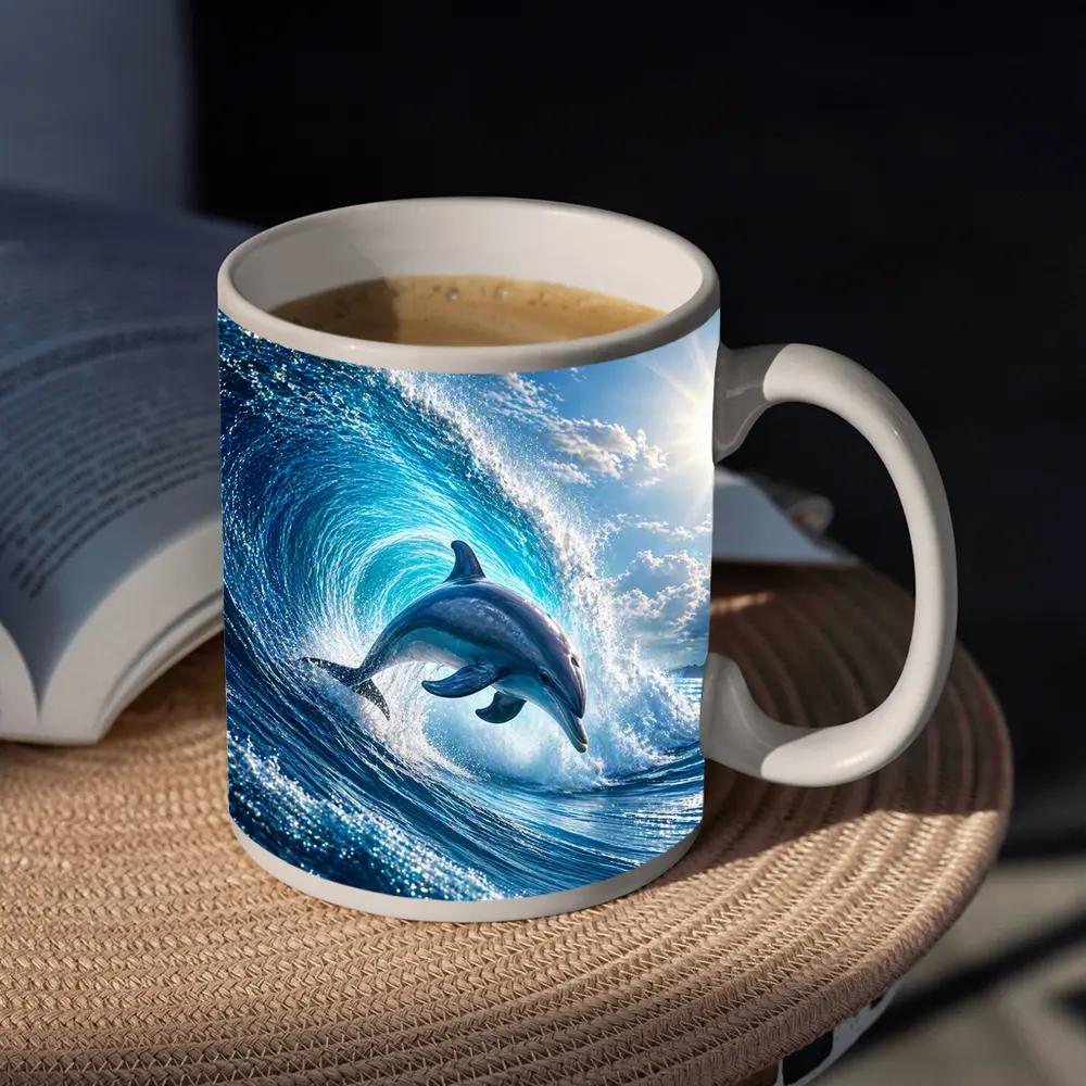Dolphin Leaping Through Giant Ocean Wave – Mugs
