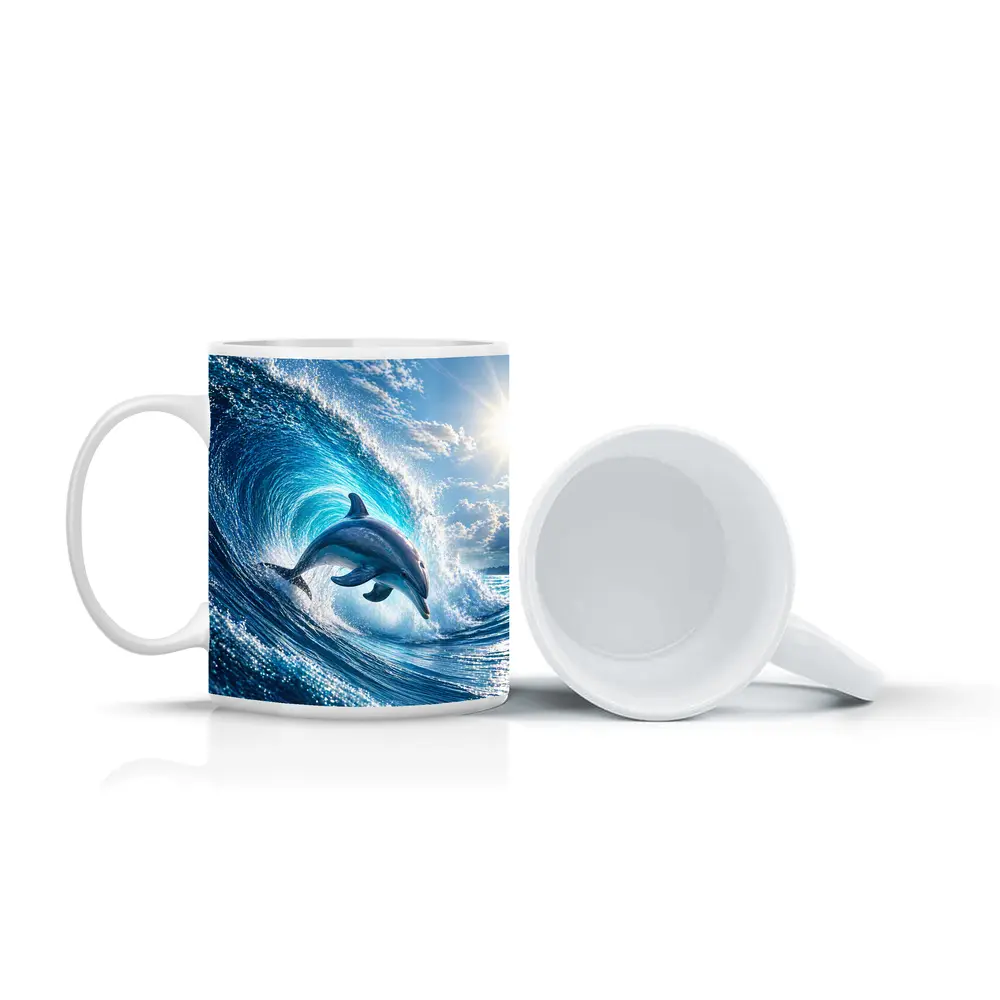 Dolphin Leaping Through Giant Ocean Wave – Mugs