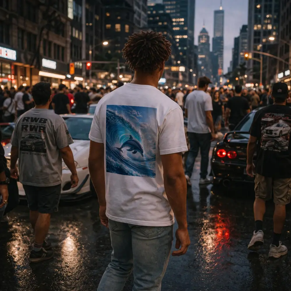 Dolphin Leaping Through Giant Ocean Wave – T-Shirts