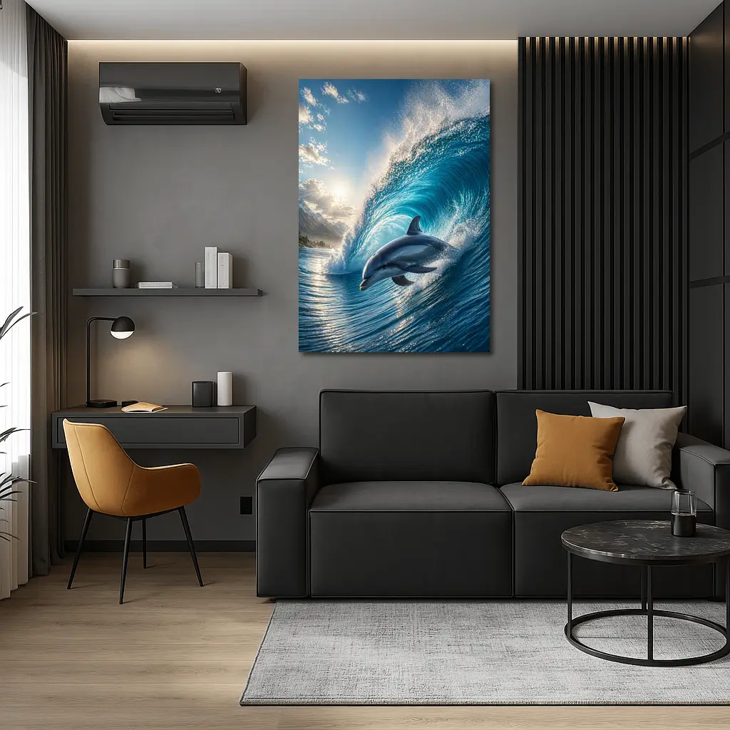 Dolphin Riding Ocean Wave Tropical Shore – Wall Art