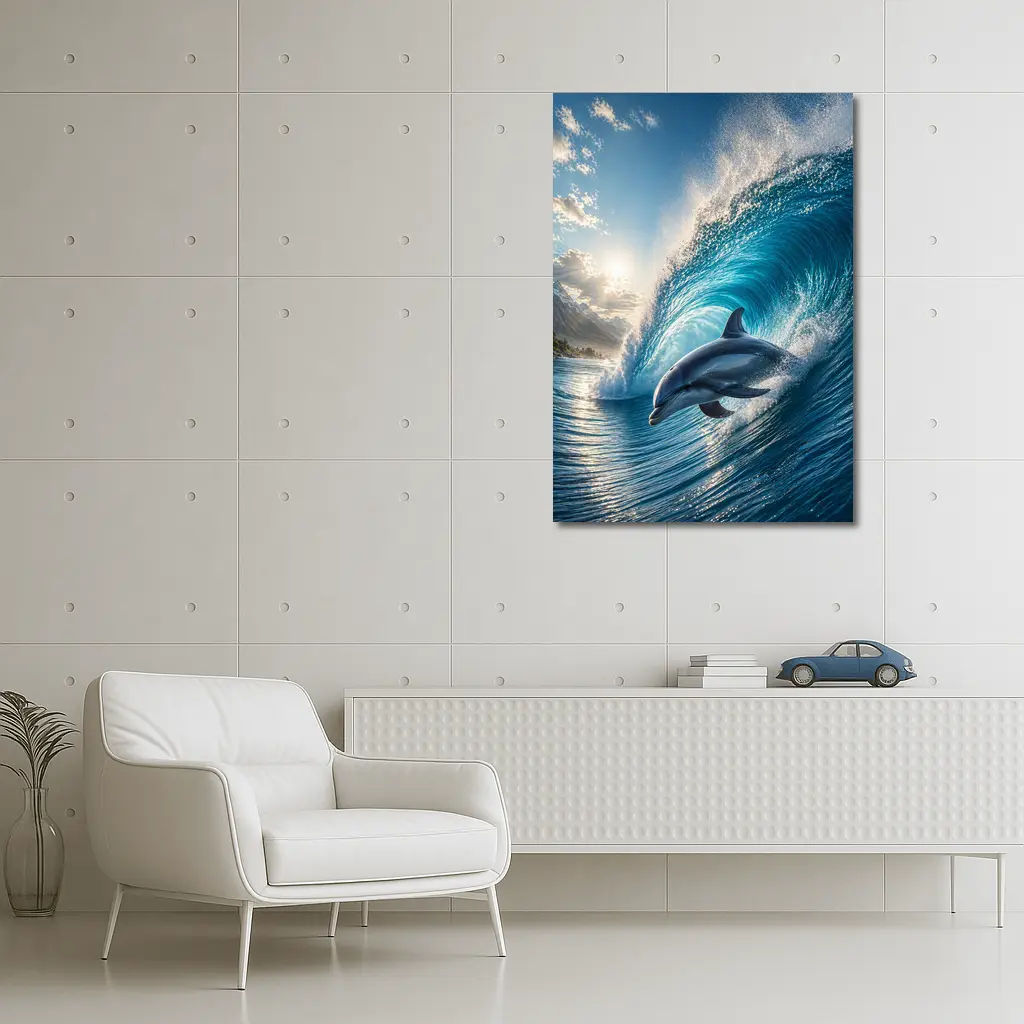 Dolphin Riding Ocean Wave Tropical Shore – Wall Art