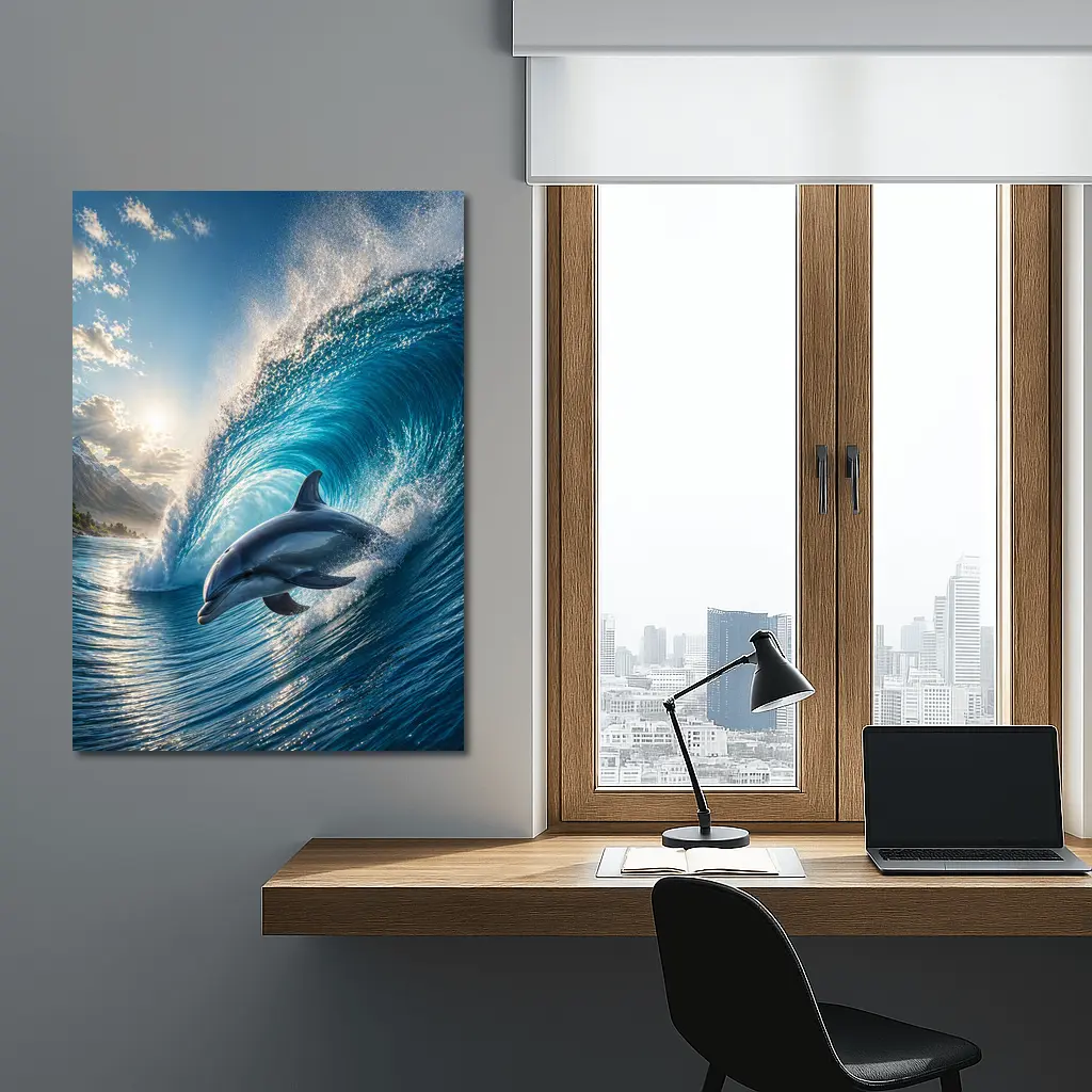 Dolphin Riding Ocean Wave Tropical Shore – Wall Art
