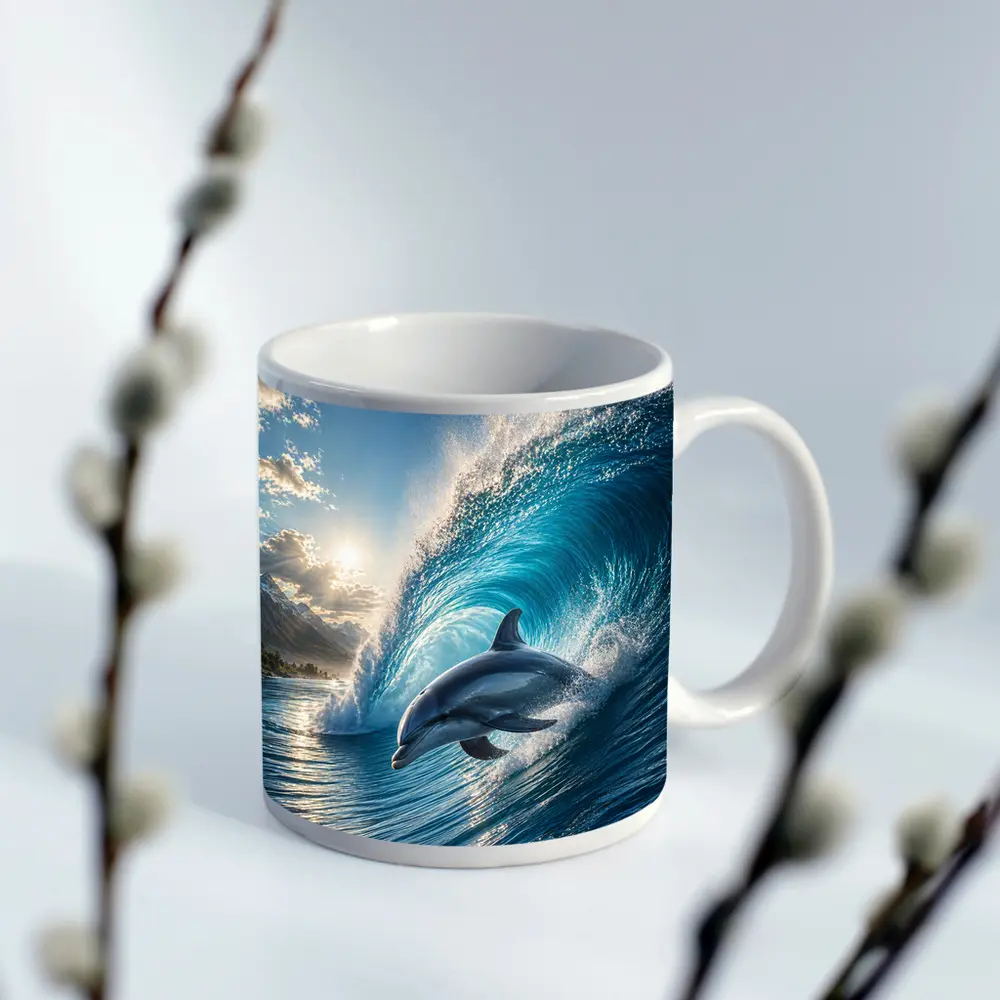 Dolphin Riding Ocean Wave Tropical Shore – Mugs