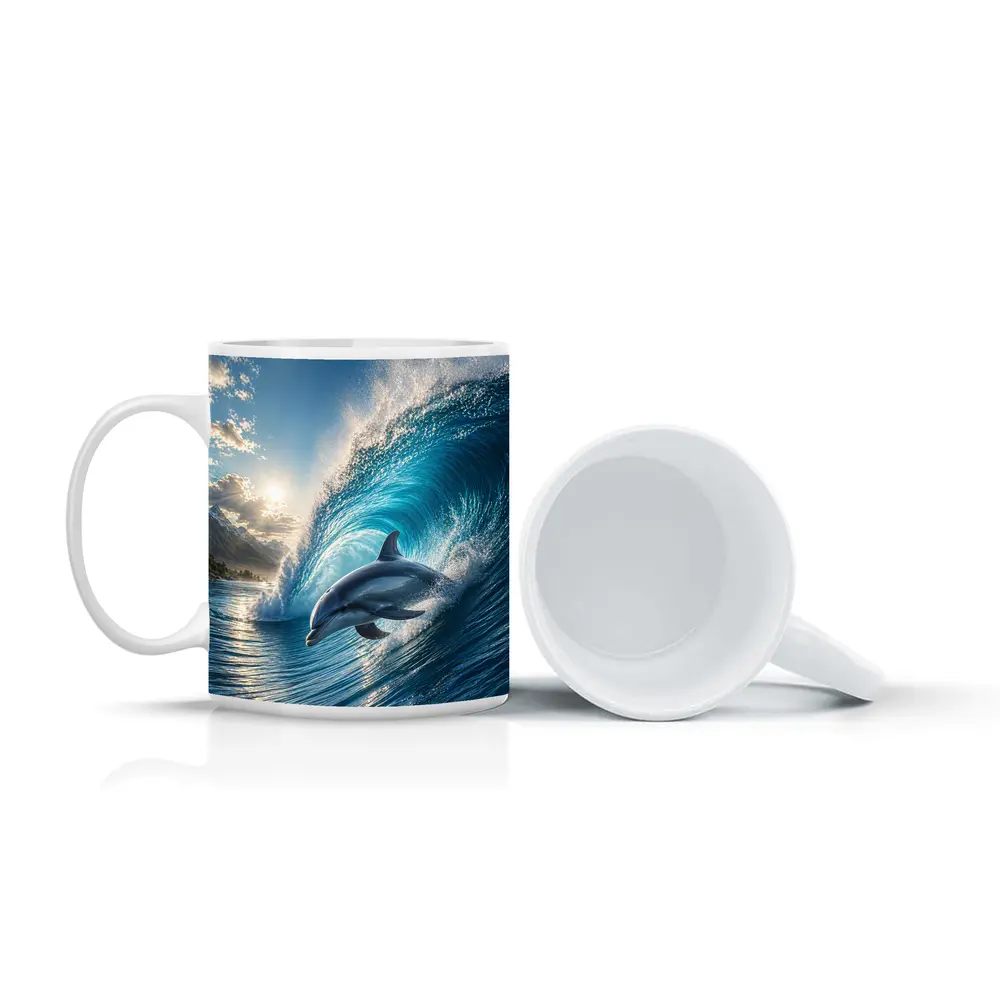 Dolphin Riding Ocean Wave Tropical Shore – Mugs