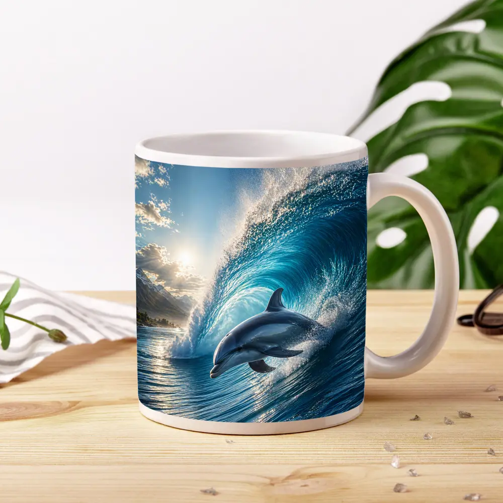 Dolphin Riding Ocean Wave Tropical Shore – Mugs