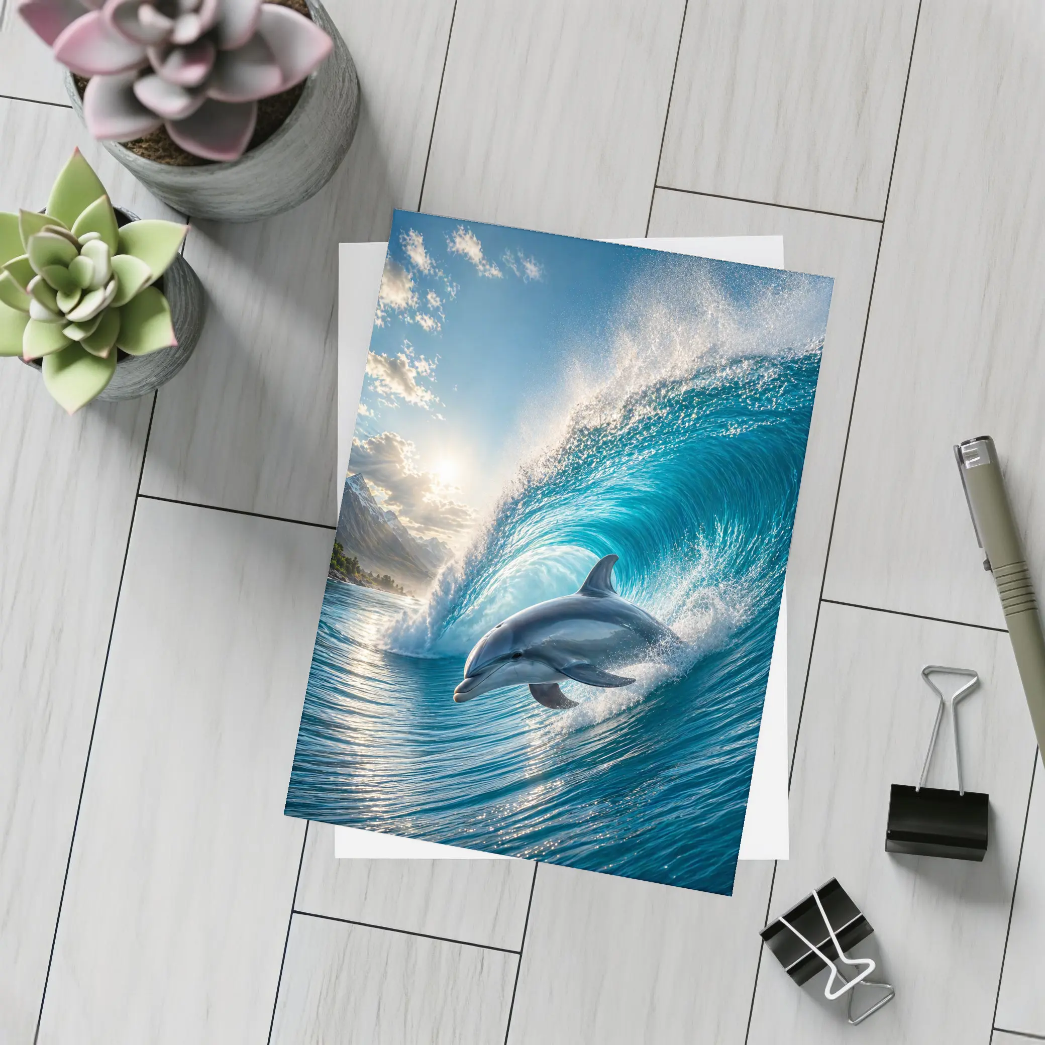 Dolphin Riding Ocean Wave Tropical Shore – Postcards