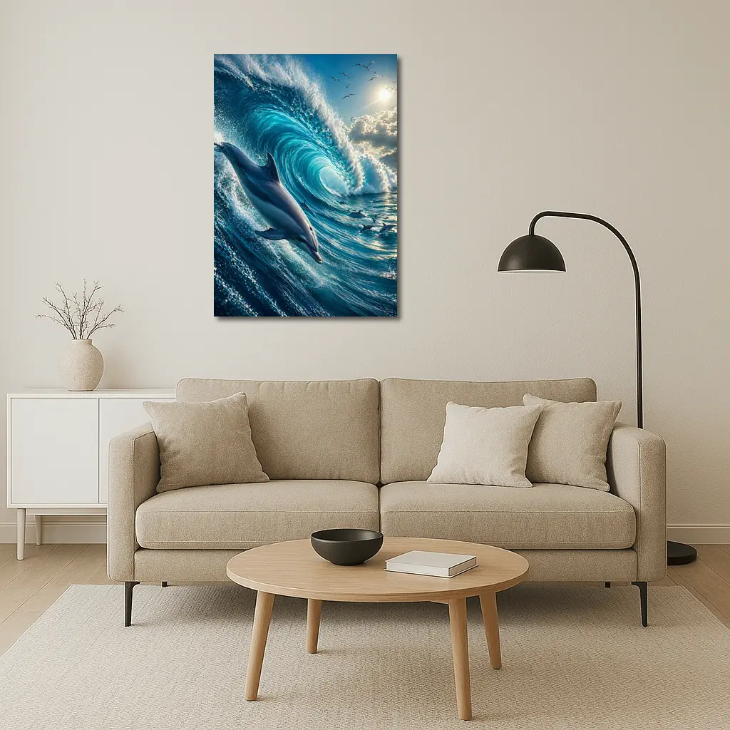 Dolphin Riding Massive Ocean Wave Sunlit Sky – Wall Art