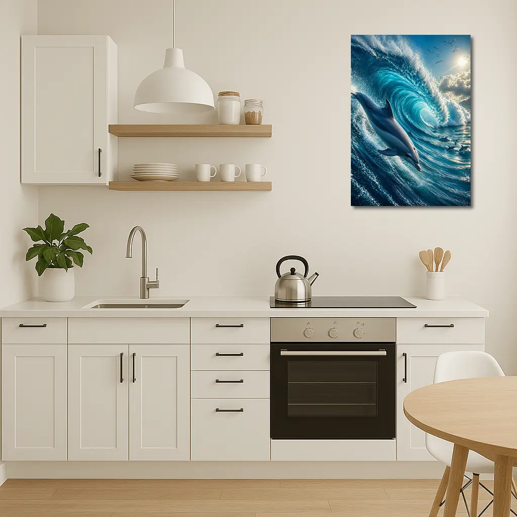 Dolphin Riding Massive Ocean Wave Sunlit Sky – Wall Art