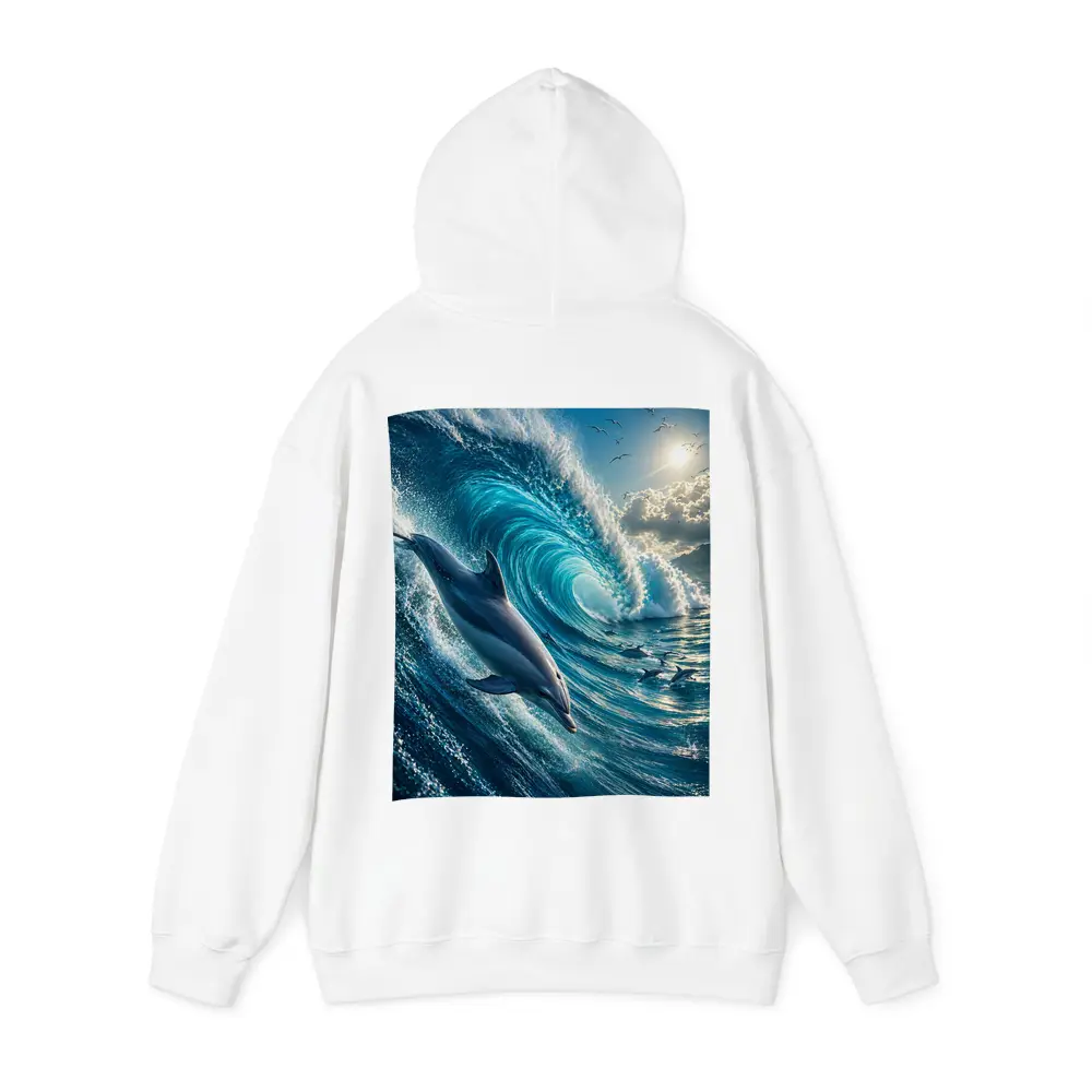 Dolphin Riding Massive Ocean Wave Sunlit Sky – Hoodies