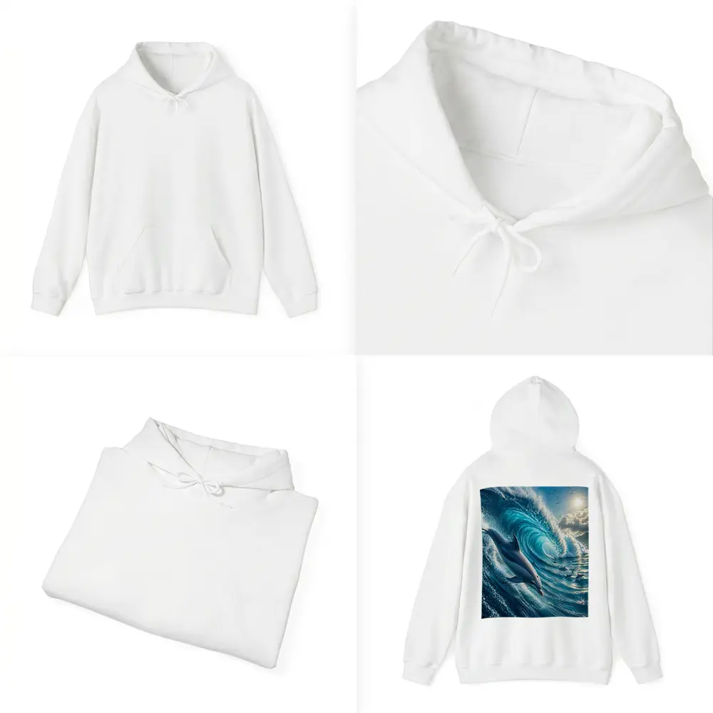 Dolphin Riding Massive Ocean Wave Sunlit Sky – Hoodies