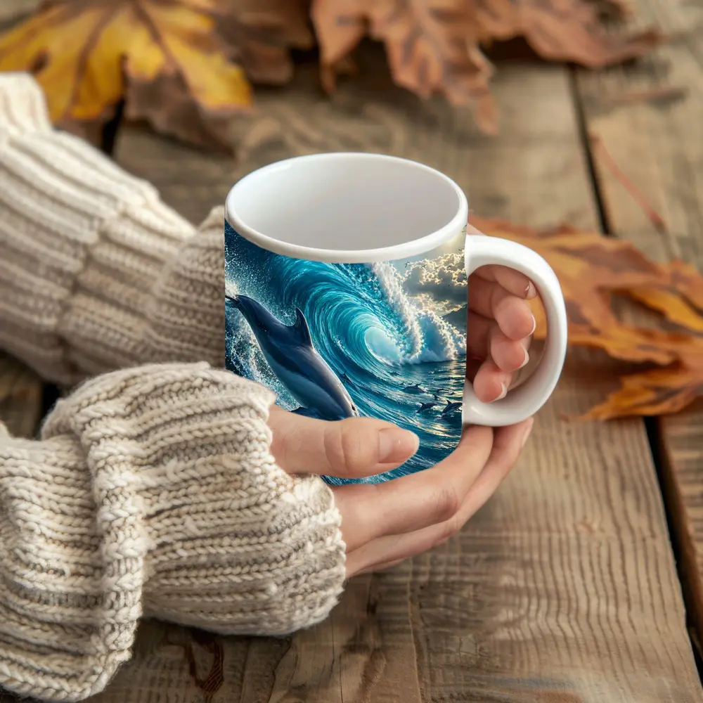 Dolphin Riding Massive Ocean Wave Sunlit Sky – Mugs