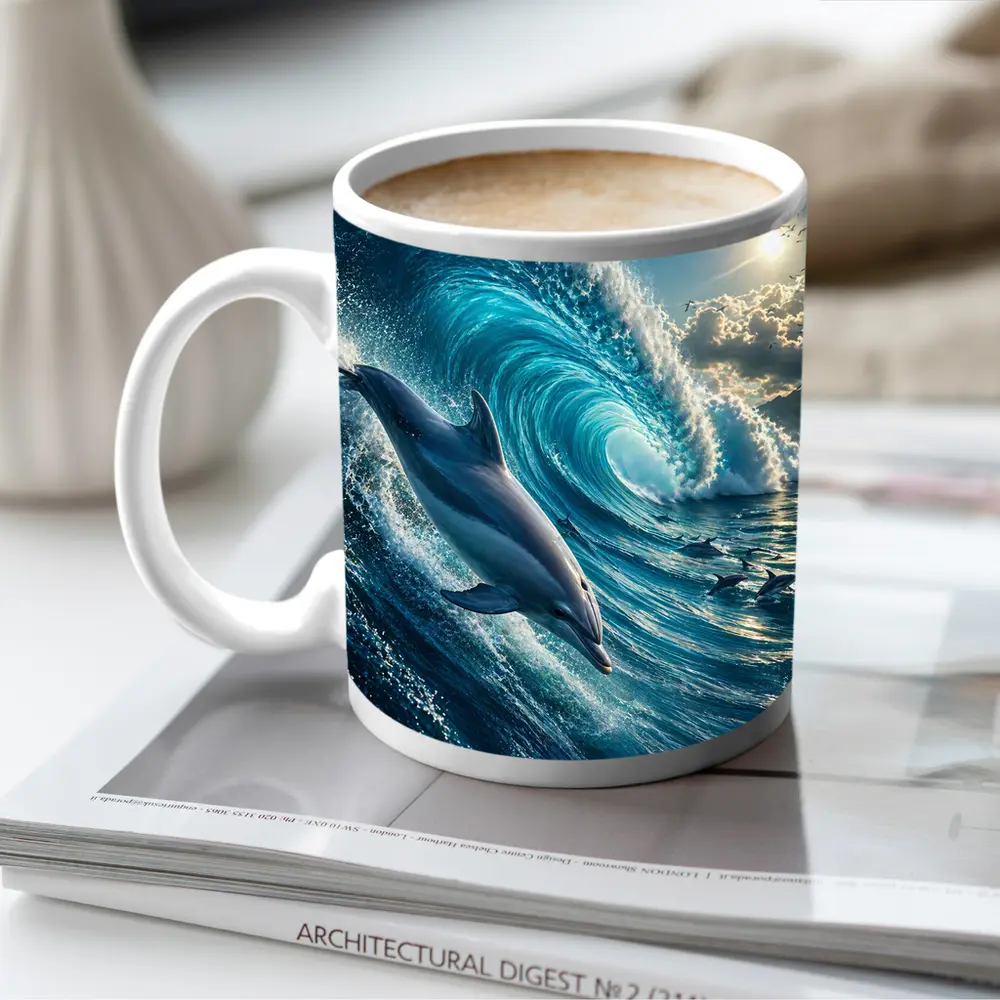 Dolphin Riding Massive Ocean Wave Sunlit Sky – Mugs