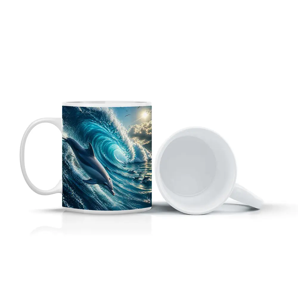 Dolphin Riding Massive Ocean Wave Sunlit Sky – Mugs