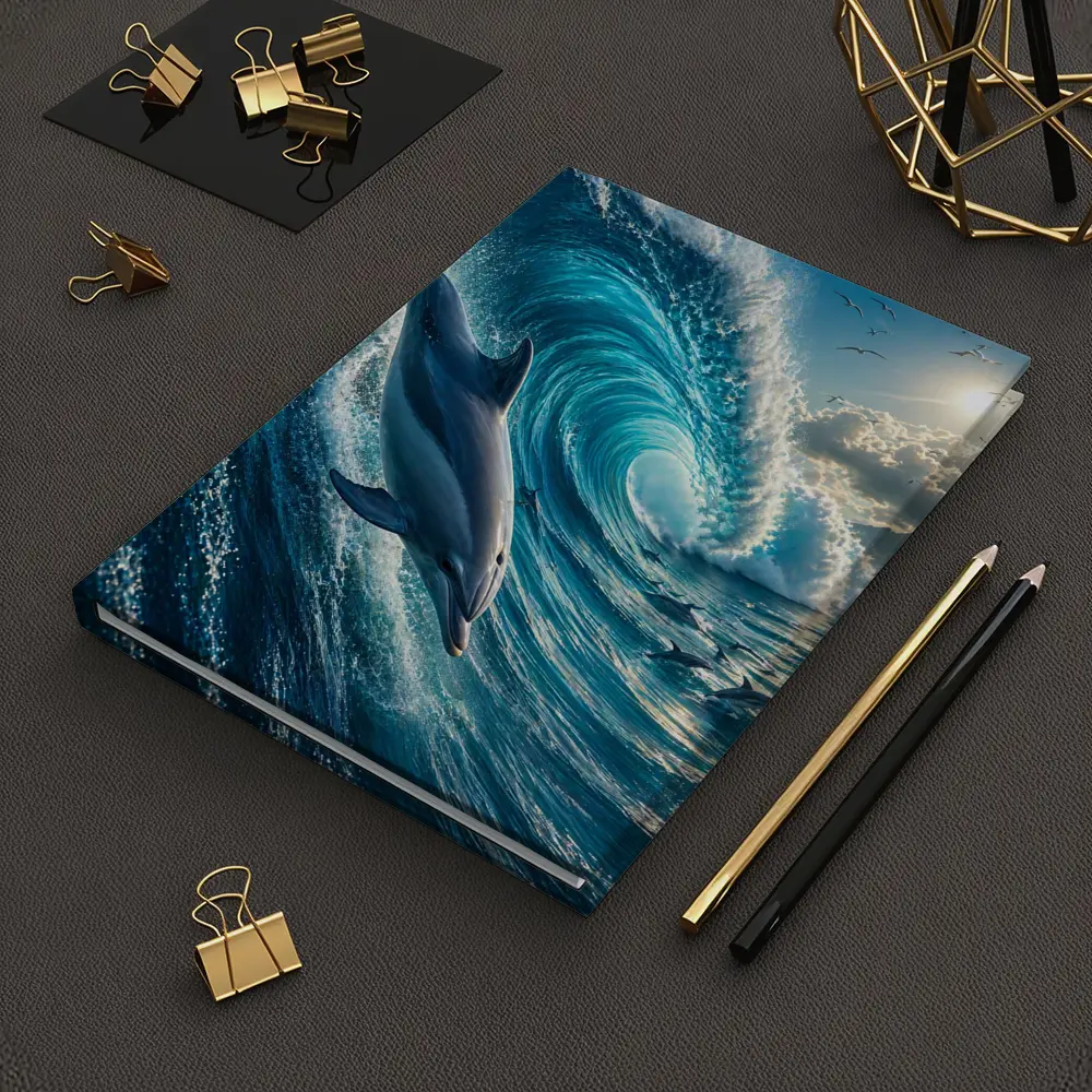 Dolphin Riding Massive Ocean Wave Sunlit Sky – Notebooks