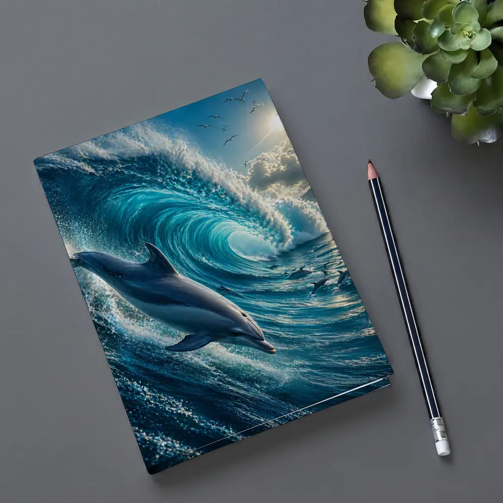 Dolphin Riding Massive Ocean Wave Sunlit Sky – Notebooks