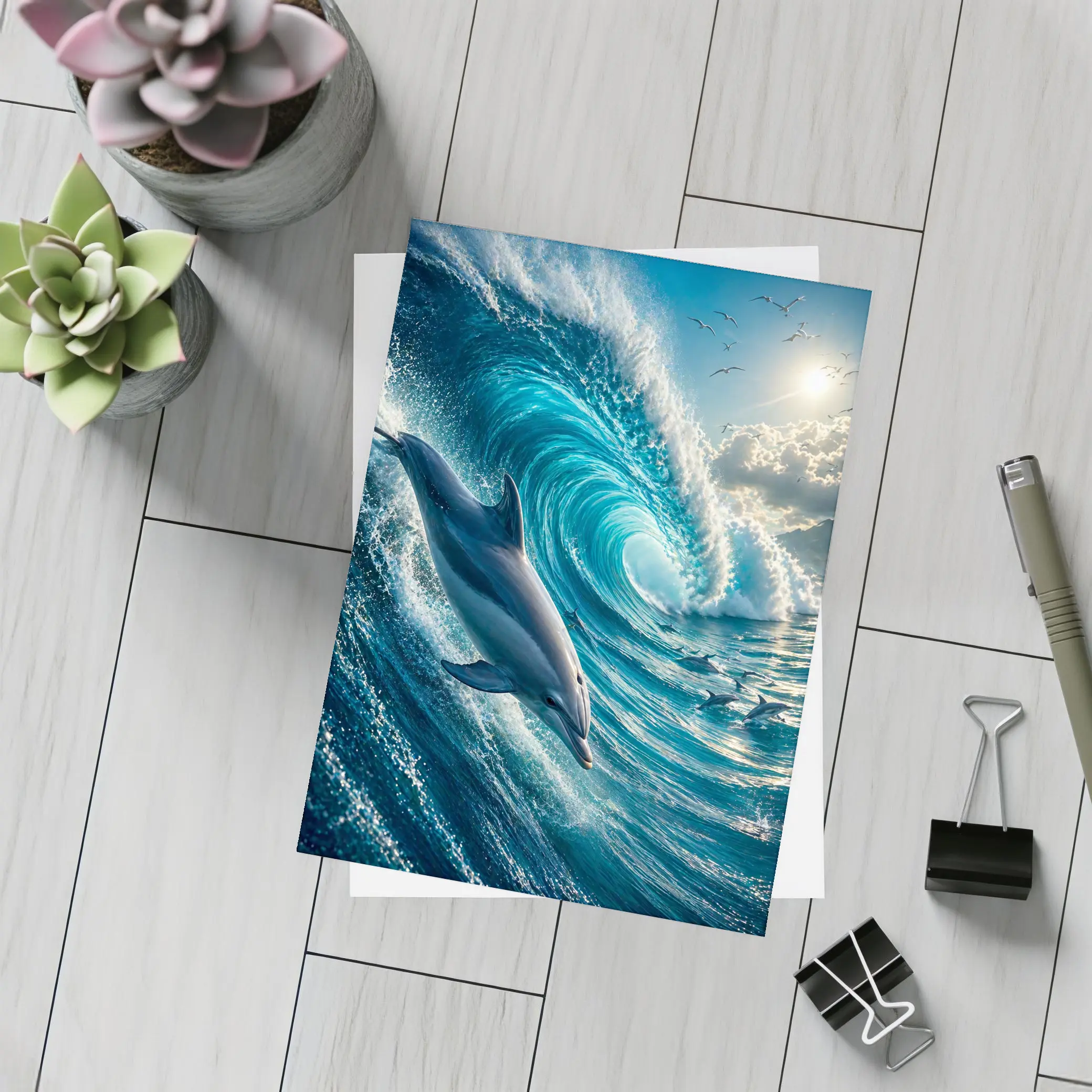 Dolphin Riding Massive Ocean Wave Sunlit Sky – Postcards