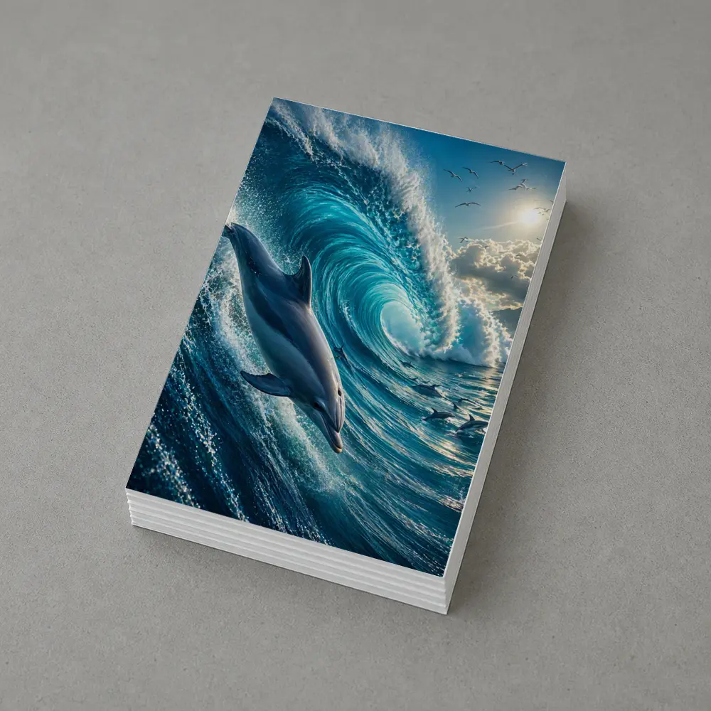 Dolphin Riding Massive Ocean Wave Sunlit Sky – Postcards