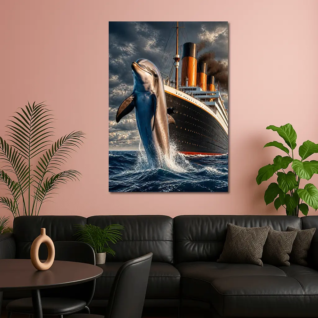Dolphin Leaping Beside Classic Ocean Liner Ship – Wall Art