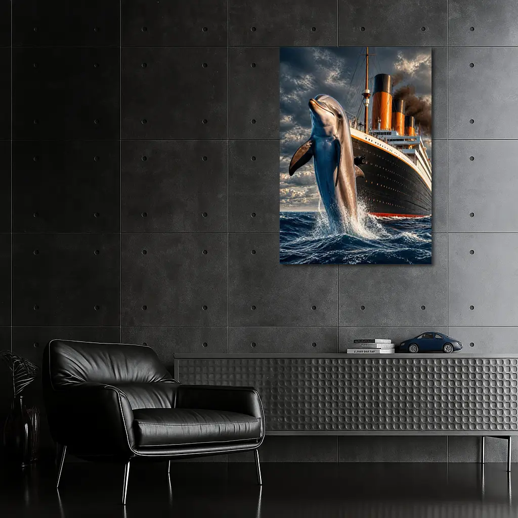 Dolphin Leaping Beside Classic Ocean Liner Ship – Wall Art