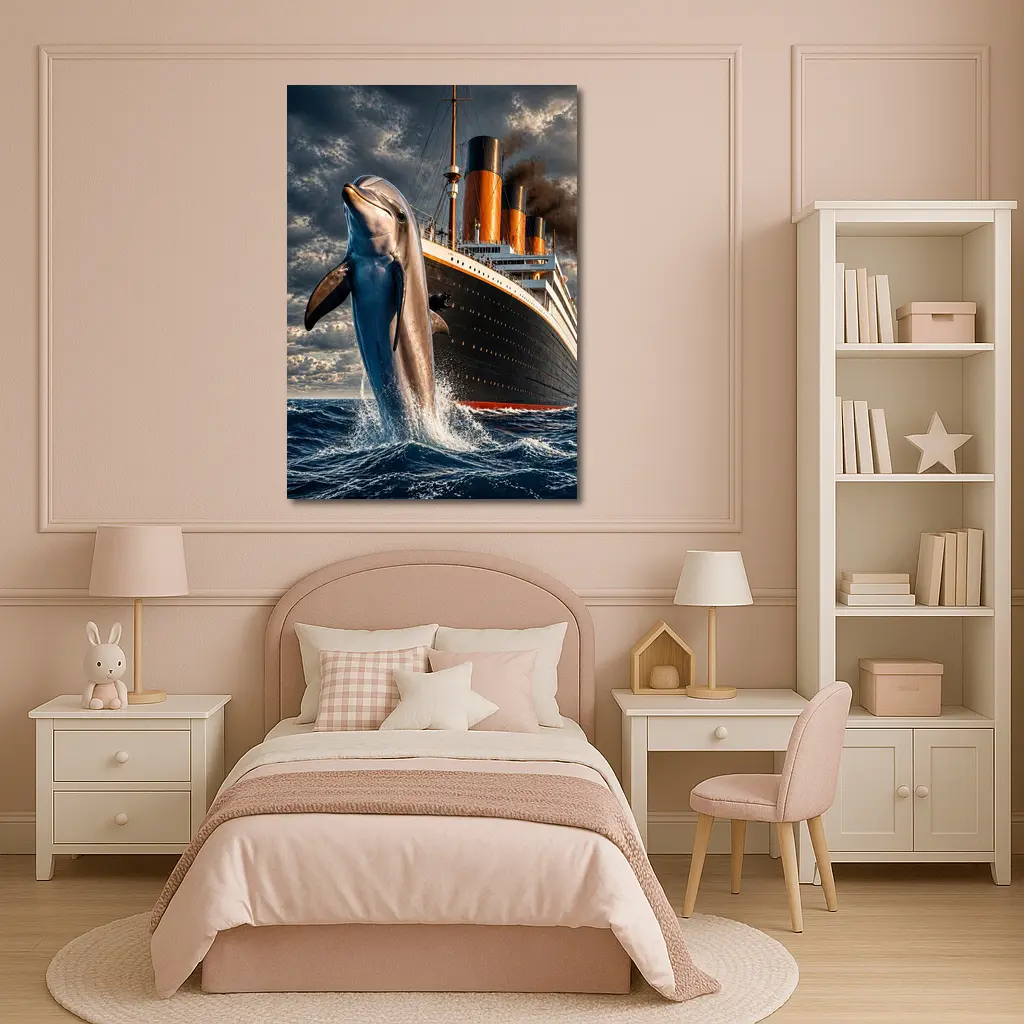 Dolphin Leaping Beside Classic Ocean Liner Ship – Wall Art