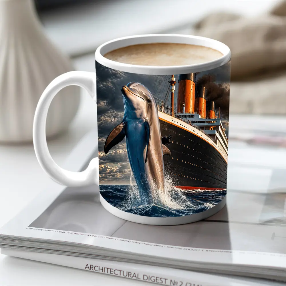 Dolphin Leaping Beside Classic Ocean Liner Ship – Mugs