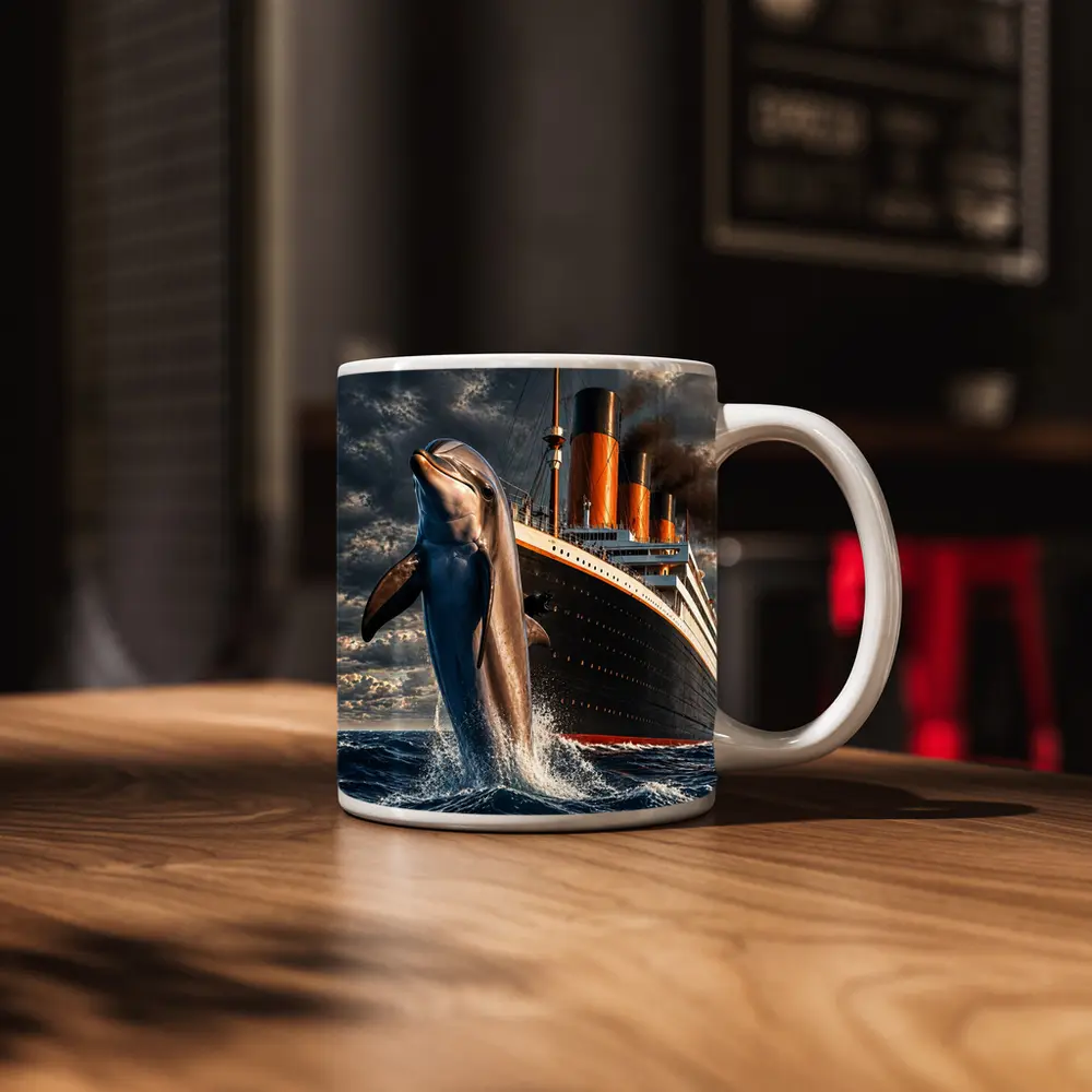 Dolphin Leaping Beside Classic Ocean Liner Ship – Mugs