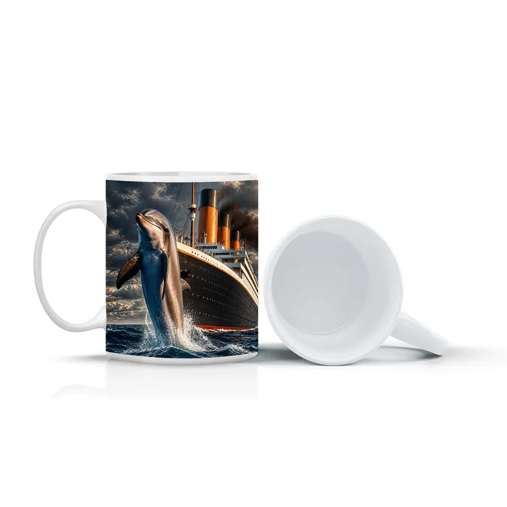Dolphin Leaping Beside Classic Ocean Liner Ship – Mugs