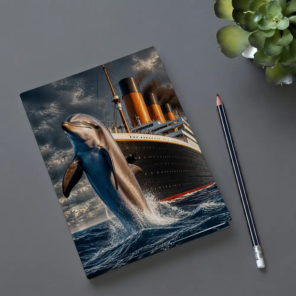 Dolphin Leaping Beside Classic Ocean Liner Ship – Notebooks