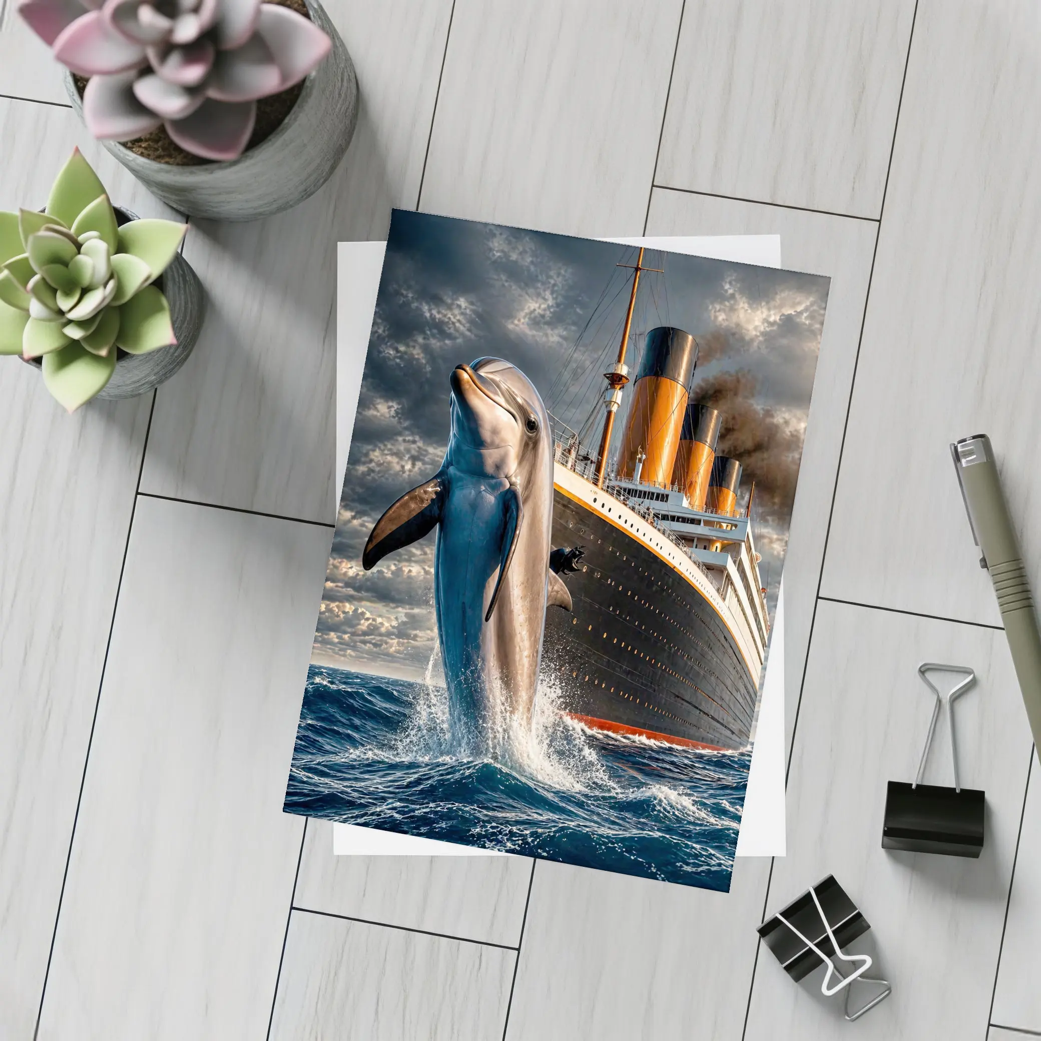 Dolphin Leaping Beside Classic Ocean Liner Ship – Postcards