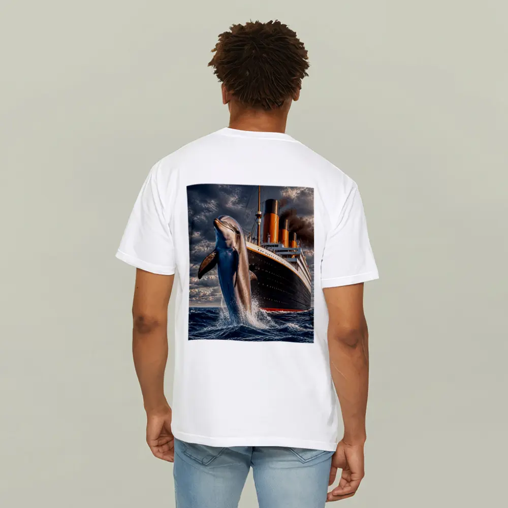 Dolphin Leaping Beside Classic Ocean Liner Ship – T-Shirts