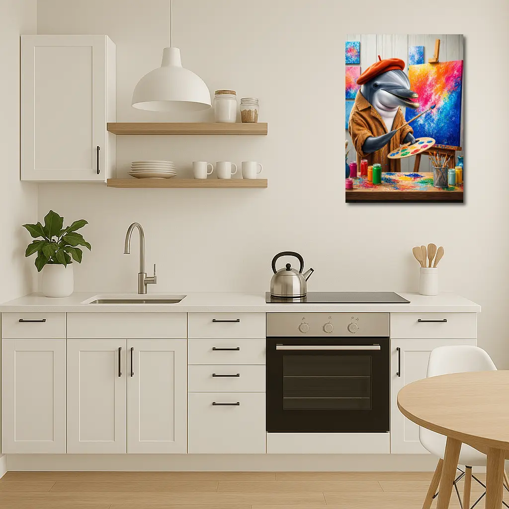 Dolphin Artist Painting in Colorful Studio – Wall Art