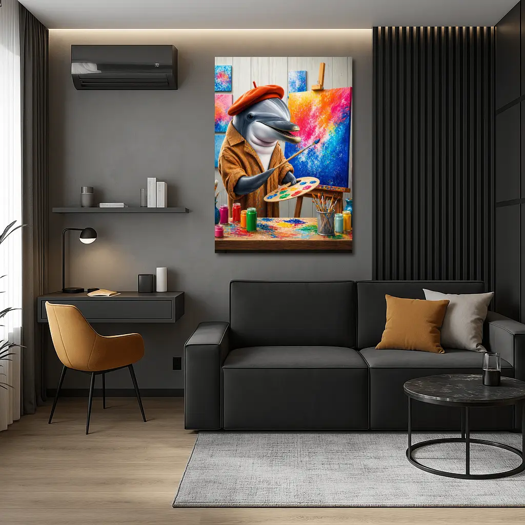 Dolphin Artist Painting in Colorful Studio – Wall Art