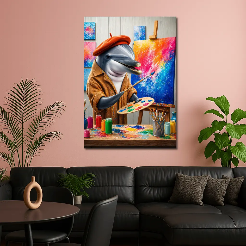 Dolphin Artist Painting in Colorful Studio – Wall Art