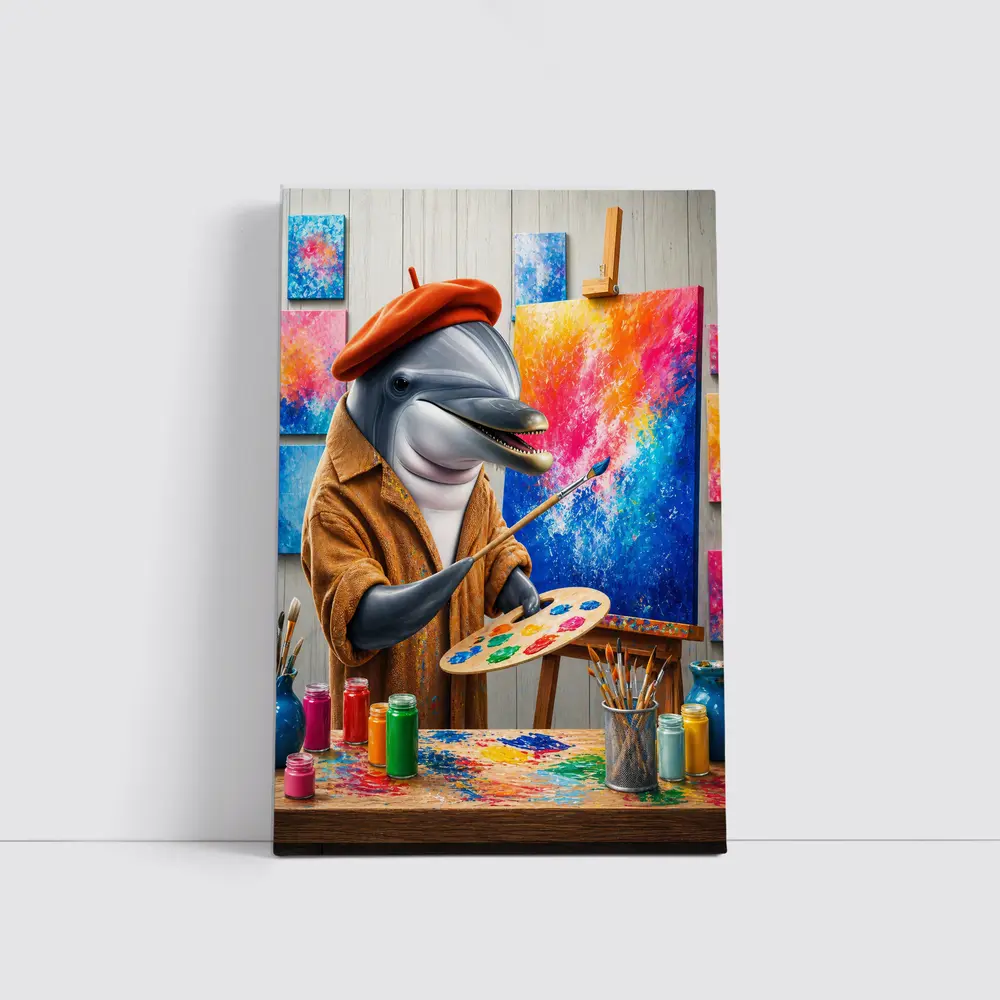 Dolphin Artist Painting in Colorful Studio – Wall Art
